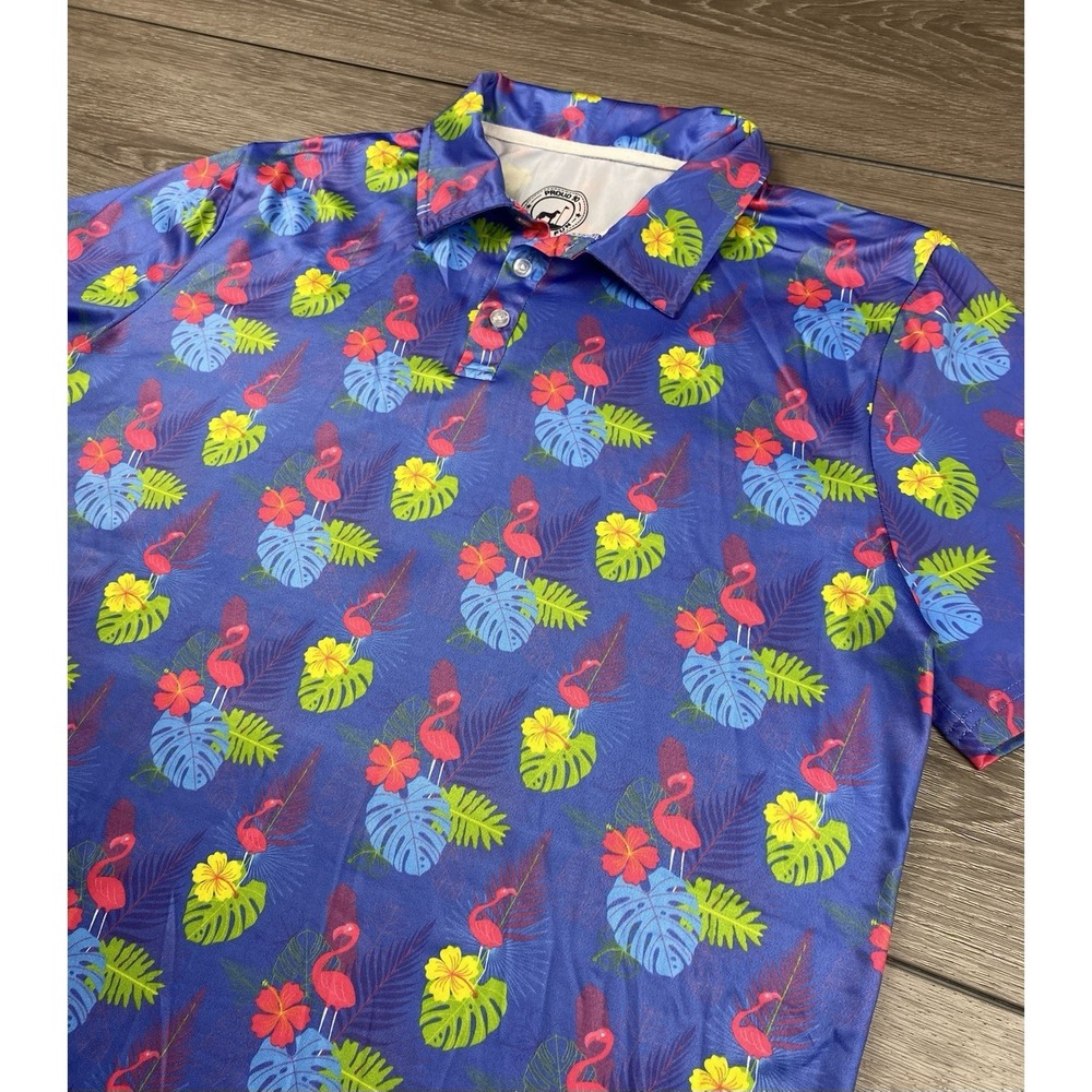 Proud 90 Men's‎ All Over Print Flamingo Athletic Golf Polo Blue Size Large